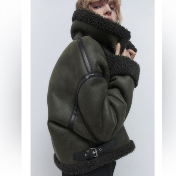 ZARA Women's Aviator-Style Double Faced Jacket Green Size Medium - Picture 2 of 8